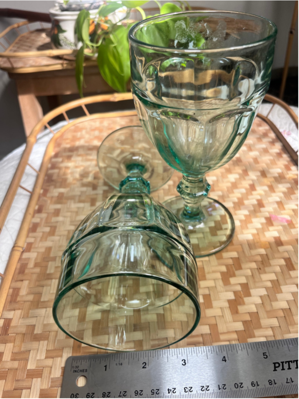 Vintage Green Textured Paneled Glass Drinkware - Set of 2 - 6.5"